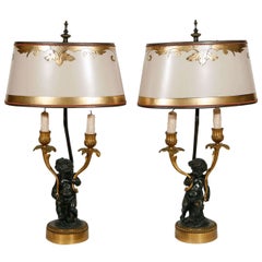 Antique Pair of 19th Century French Bronze Two-Arm Candelabras Converted to Lamps