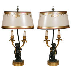 Pair of 19th Century French Bronze Two-Arm Candelabras Converted to Lamps