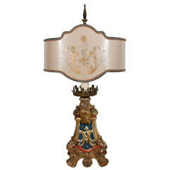 Single 18th Century Italian Giltwood and Polychrome Candlestick Lamp