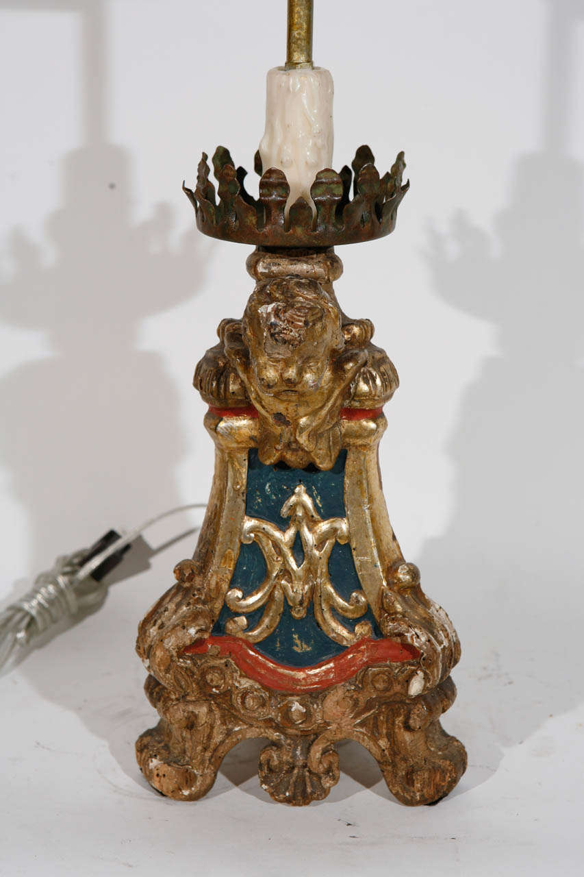 18th Century and Earlier Single 18th Century Italian Giltwood and Polychrome Candlestick Lamp