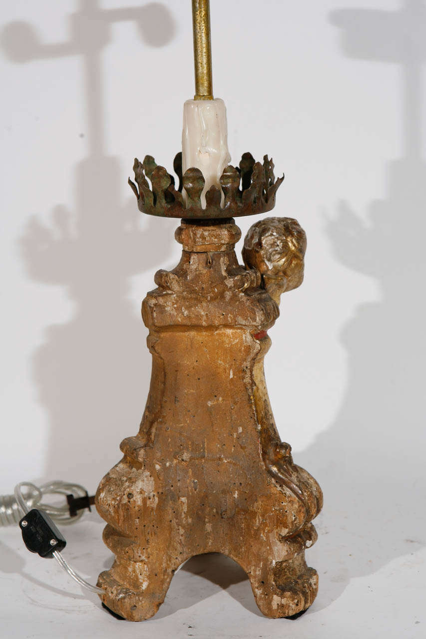 Single 18th Century Italian Giltwood and Polychrome Candlestick Lamp 3