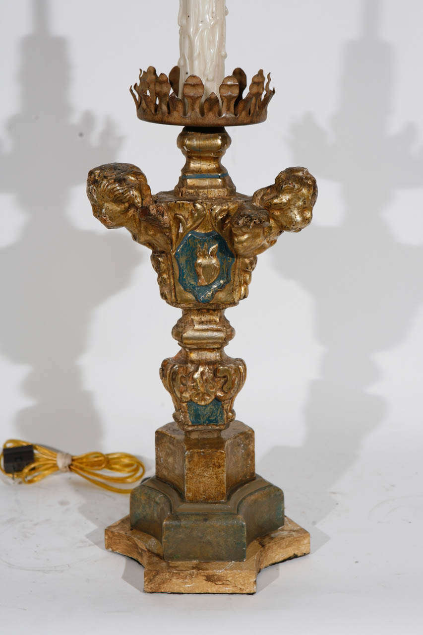 18th Century and Earlier Single 18th c. Italian Giltwood  Candlestick Lamp with Cherub Heads