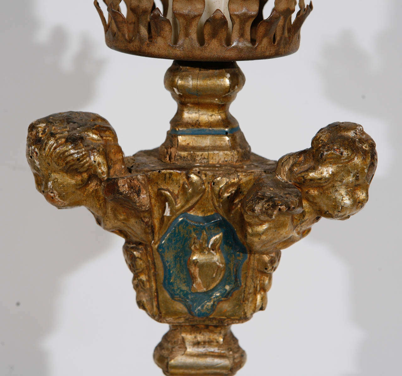 Single 18th c. Italian Giltwood  Candlestick Lamp with Cherub Heads 1