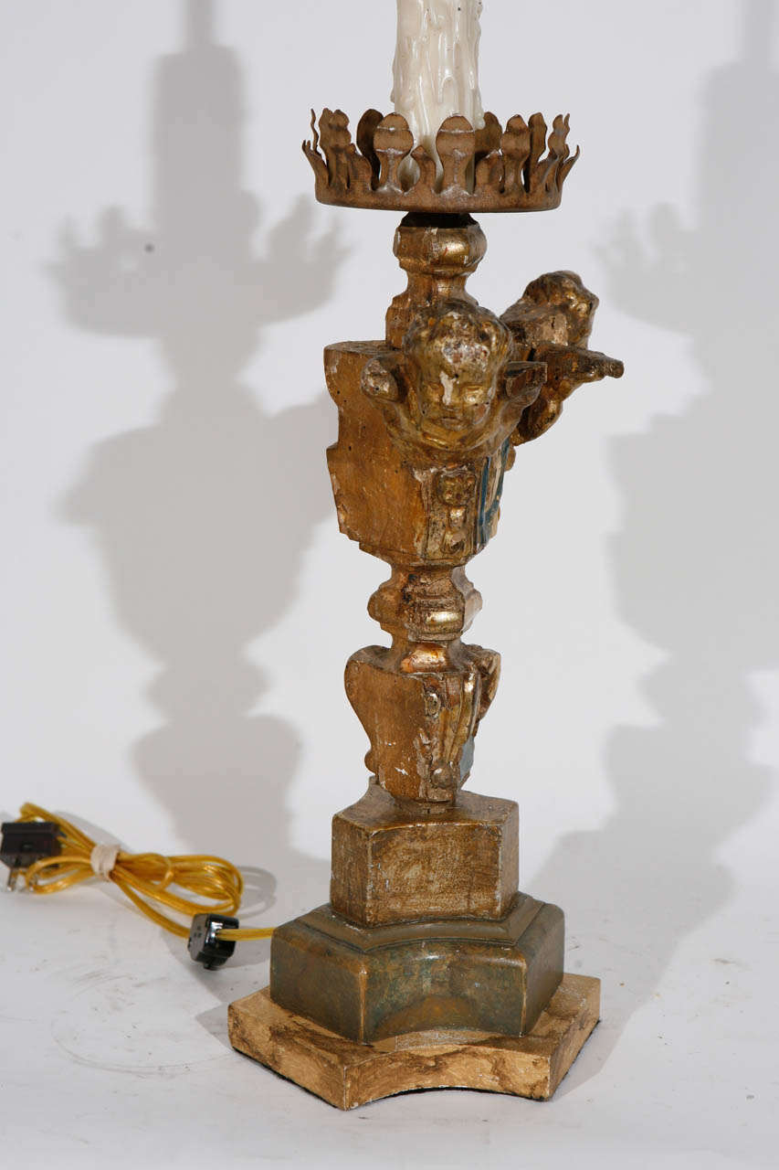 Single 18th c. Italian Giltwood  Candlestick Lamp with Cherub Heads 2