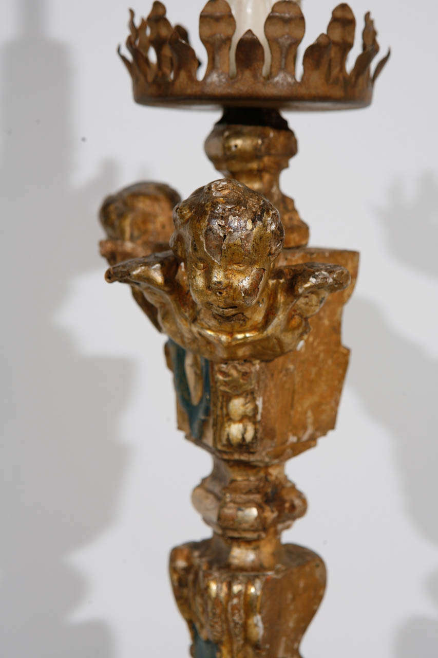 Single 18th c. Italian Giltwood  Candlestick Lamp with Cherub Heads 5
