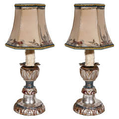 Pair of 19th Century Italian Miniature Silver Leaf Candlestick Lamps