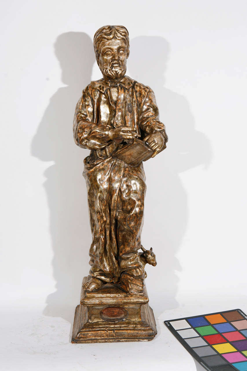 Late 18th c. Italian Scholar Silver Leaf Statue in Papier Mache and Wood.  The base diameter measurement is 7.5 inches.
