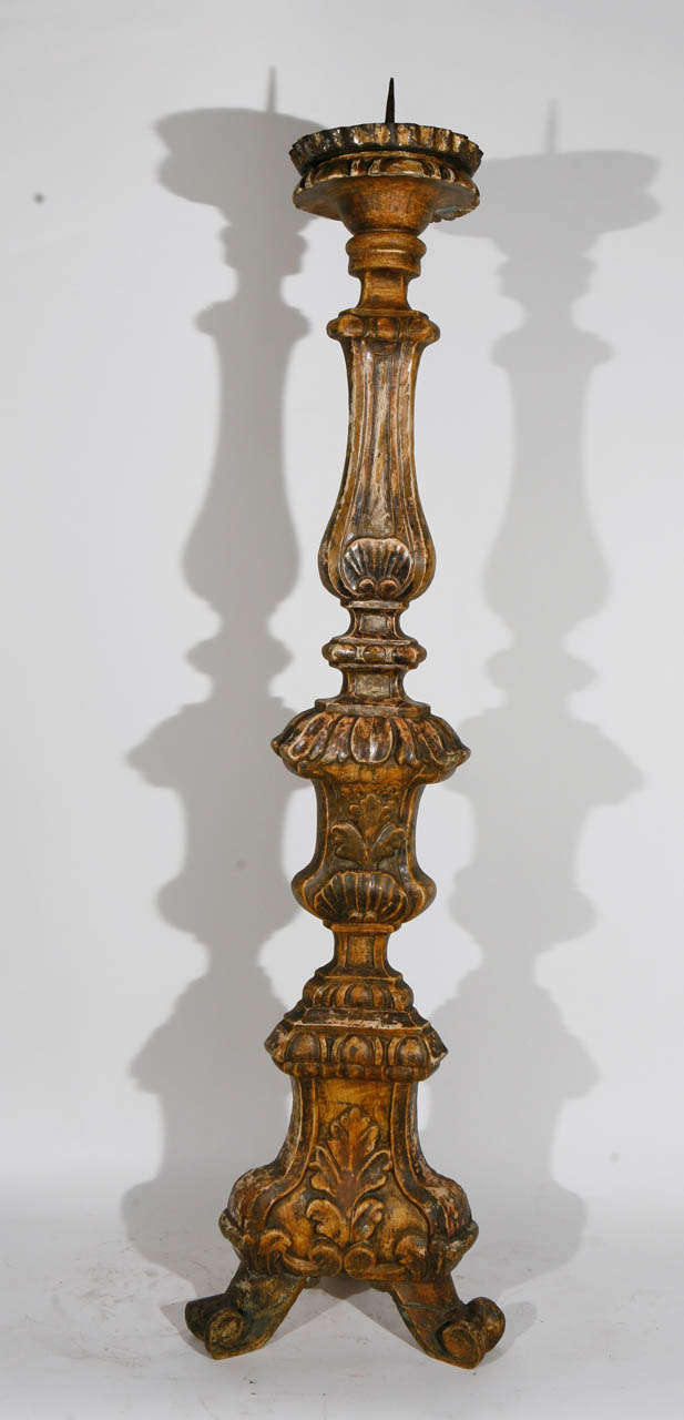 Carved Pair of 18th Century Italian Giltwood Pricket Sticks