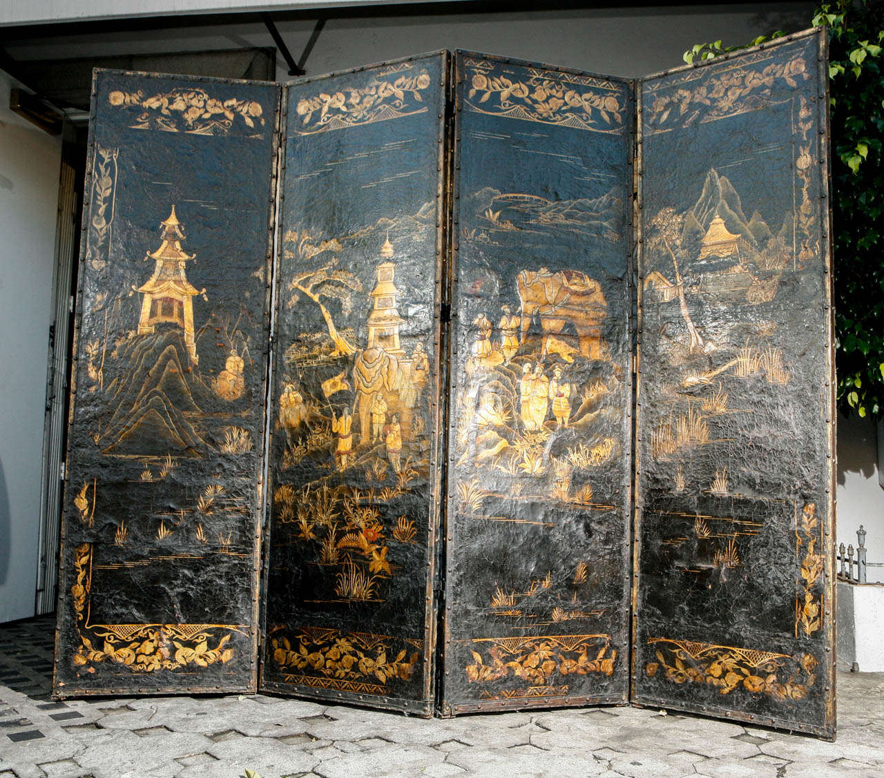 18th c. English Leather 4 Panel Screen with Raised Chinoisere