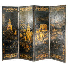 18th c. English Leather 4 Panel Chinoisere Screen