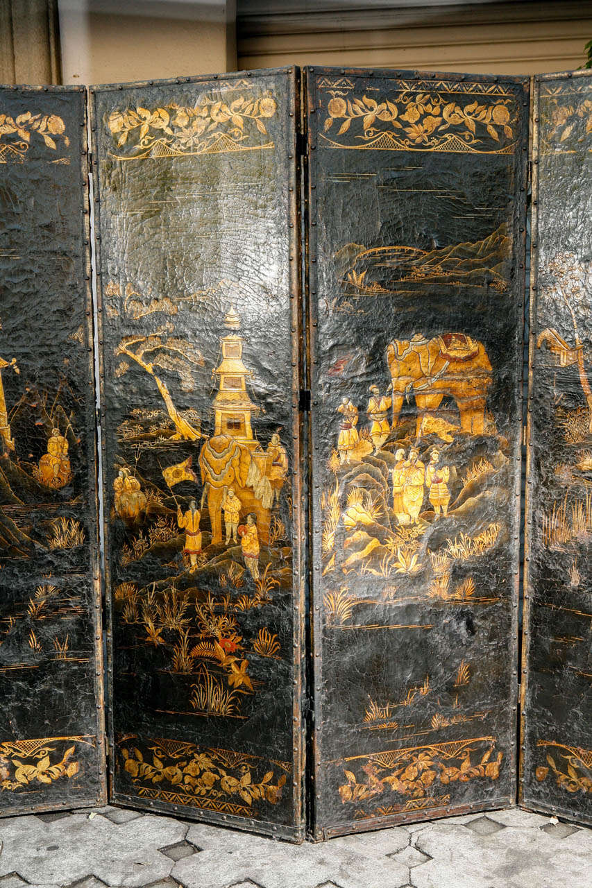 18th c. English Leather 4 Panel Chinoisere Screen In Excellent Condition In Los Angeles, CA