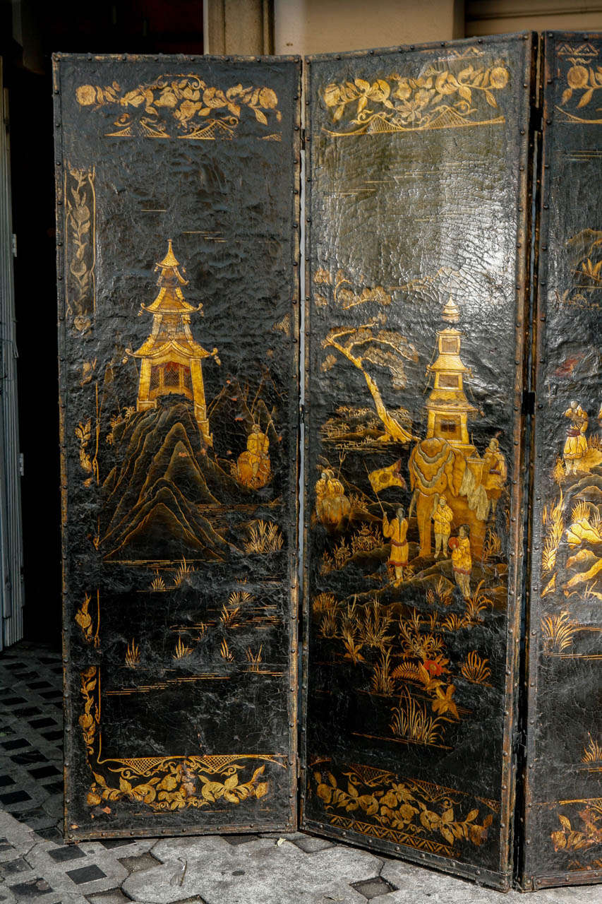 18th Century and Earlier 18th c. English Leather 4 Panel Chinoisere Screen
