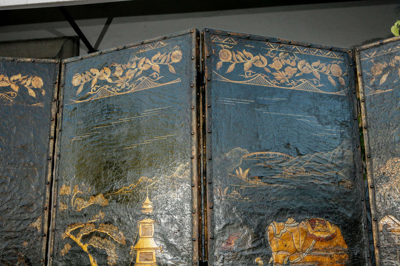 18th c. English Leather 4 Panel Chinoisere Screen 4