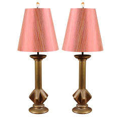 Pair, Solid Brass Vintage Asian Candlesticks as Lamps