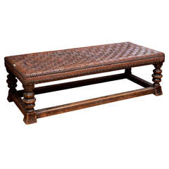 Woven Leather and English Oak Double Footstool
