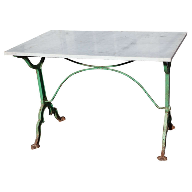 Signed French Iron Conservatory Table with Marble Top