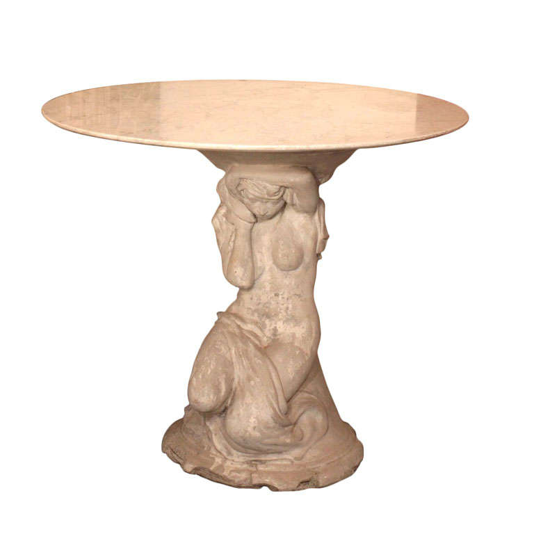 Table Composed of a Romantic 19thC Italian Cast Stone Statue and Marble Top For Sale
