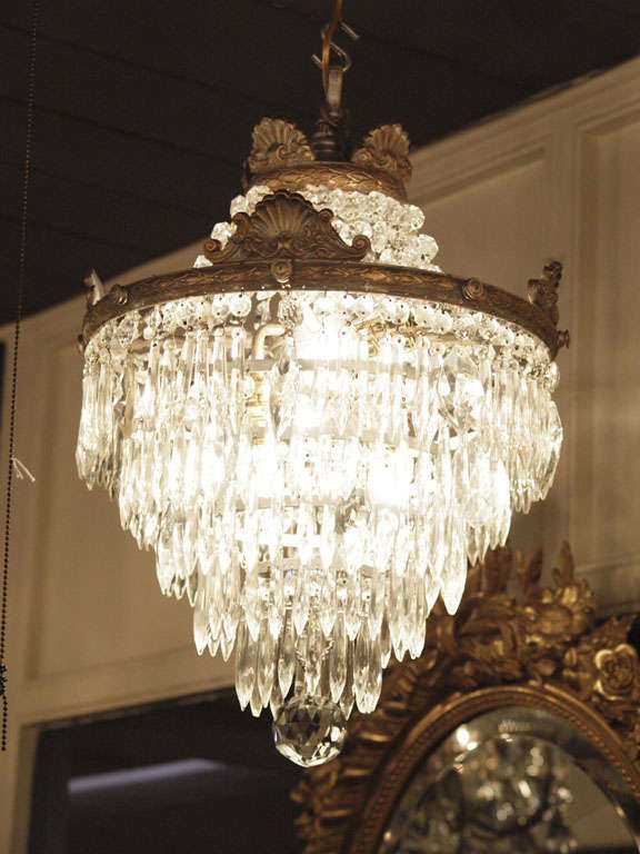 Antique French crystal waterfall chandelier. 2