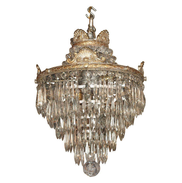 Antique French crystal waterfall chandelier.
