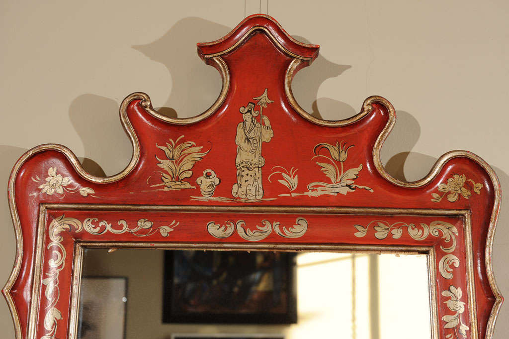 20th Century Chinoiserie Louis XV Style Scarlet Painted Parcel Gilt Mirror