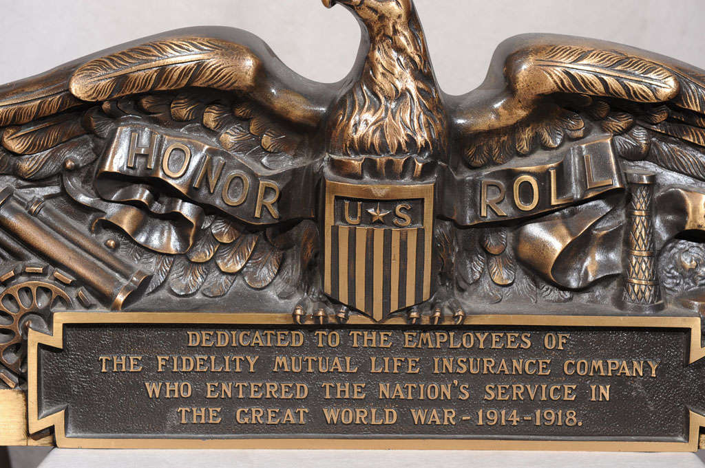 Bronze Eagle, WWI Honor Roll from Mutual Life Insurance Co. In Excellent Condition In Petaluma, CA