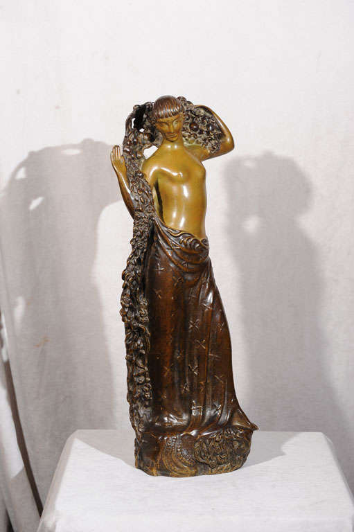 This extremely highly stylized bronze sculpture by the French artist Gustave Gillot is a notch above your standard Art Deco sculpture. The rich patina and polychrome finish just add to its special quality. On top of all this, it is marked 