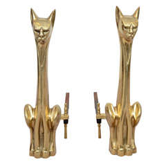 Pair of Modernist Brass Cat Andirons