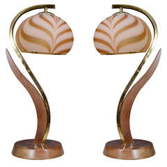 Pair of Mid Century Brass and Wood Floral Form Lamps