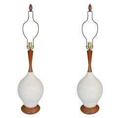 Vintage Pair of Mid Century Teak and Textured Ceramic Table Lamps