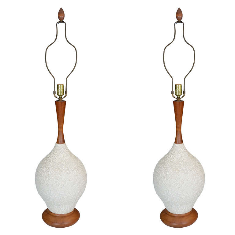 Pair of Mid Century Teak and Textured Ceramic Table Lamps