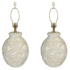 Pair of Large Mid Century Pottery Lamps with Swirl Detailing