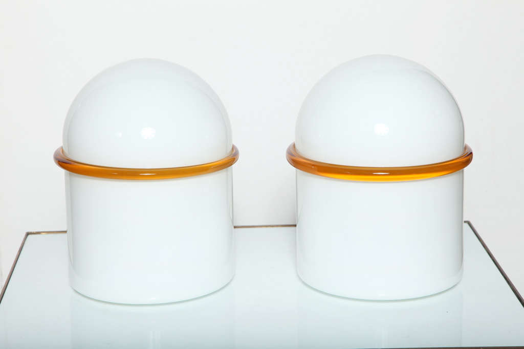 Pair of SIV Murano Società Italiana Vetro Translucent White Cased Glass Table Lamps, attributed to Ettore Sottsass, 1970's. Featuring hand crafted domed White glass, with applied clear Orange banded detail. Post Modern. Rarity. With SIV Made in