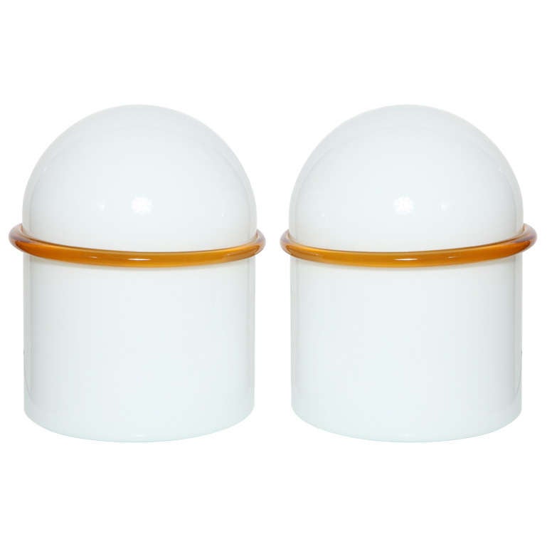 Pair of SIV Murano Società Italiana Amber Banded White Glass Domed Table Lamps 