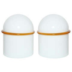 Pair of 1970s SIV Murano Orange Banded Translucent White Glass Domed Table Lamps 4