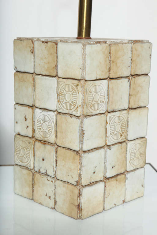 Glazed Pair of Pale Yellow and Cream Italian Terracotta Tile Block Table Lamps, 1950s  For Sale