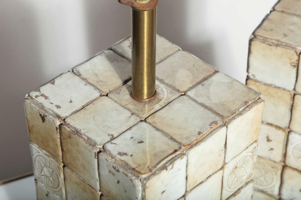 Mid-20th Century Pair of Pale Yellow and Cream Italian Terracotta Tile Block Table Lamps, 1950s  For Sale