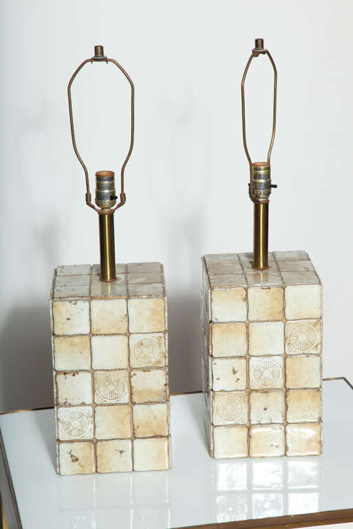 Brass Pair of Pale Yellow and Cream Italian Terracotta Tile Block Table Lamps, 1950s  For Sale