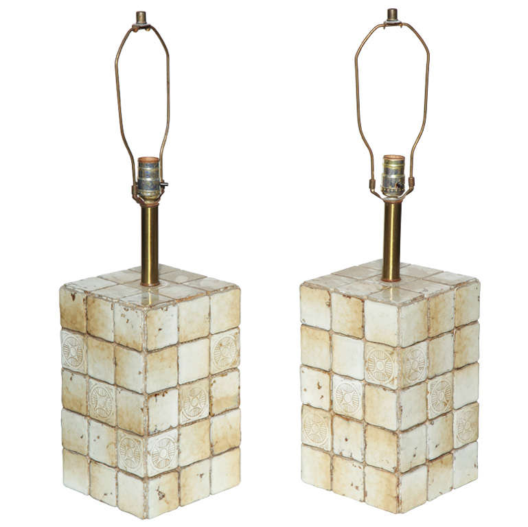 Pair of Italian Pale Yellow and Cream Terracotta Tile Block Table Lamps, 1950s 