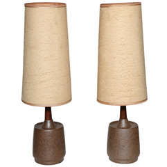 pair of 1960's Brown textured Ceramic & Teak Table Lamps