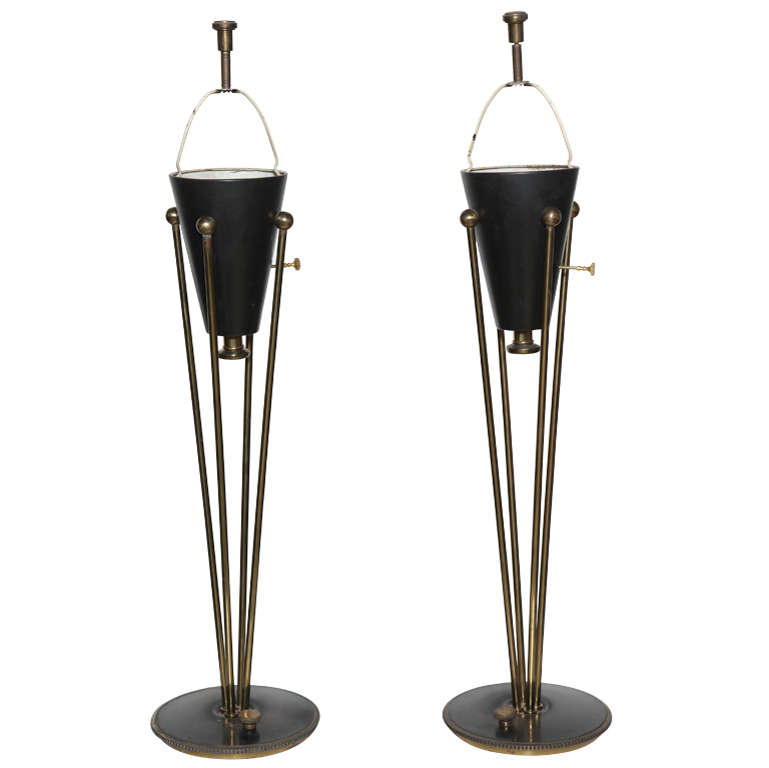 Tall Pair of 1950s Stiffel Hollywood Regency Black Enamel and Brass Table Lamps