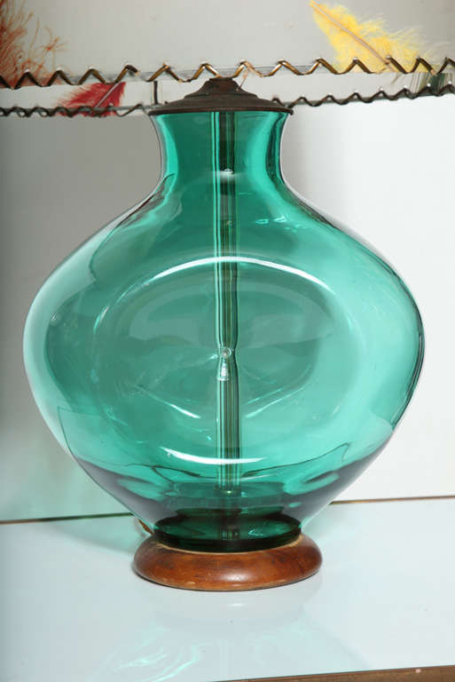 1950's Blenko Pinched Art Glass Table Lamp in Ocean Blue Green For Sale