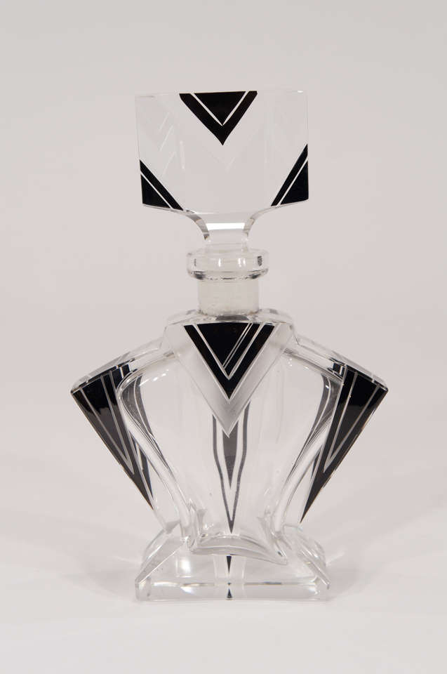 Palda Czech Art Deco Engraved Perfume Bottles W/ Black Enamel In Excellent Condition In Great Barrington, MA