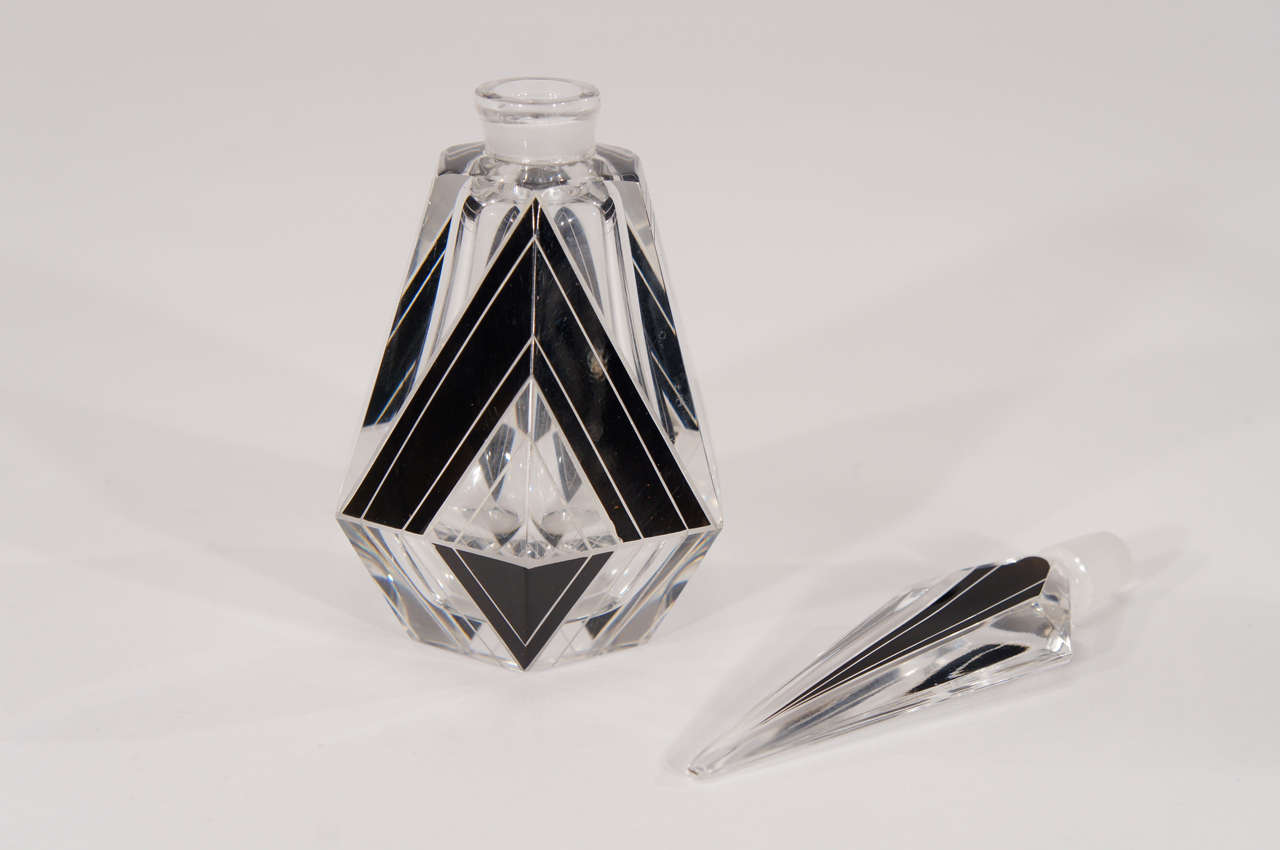 Palda Czech Art Deco Engraved Perfume Bottles W/ Black Enamel 4