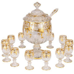 Vintage Lobmeyr Hand Blown Crystal Punchbowl, Goblets & Ladle W/ Raised Gold