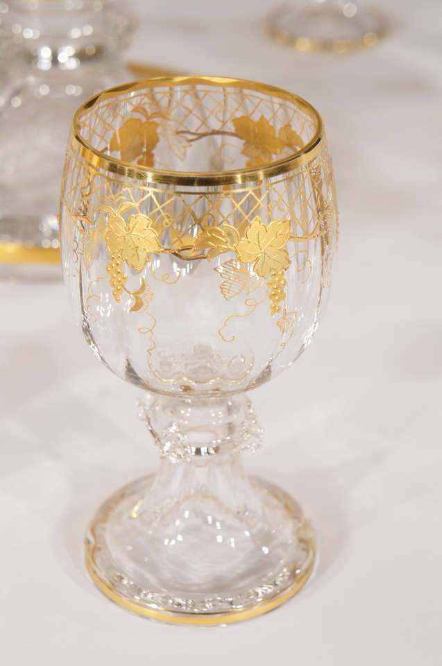 Rococo Lobmeyr Hand Blown Crystal Punchbowl, Goblets & Ladle W/ Raised Gold For Sale