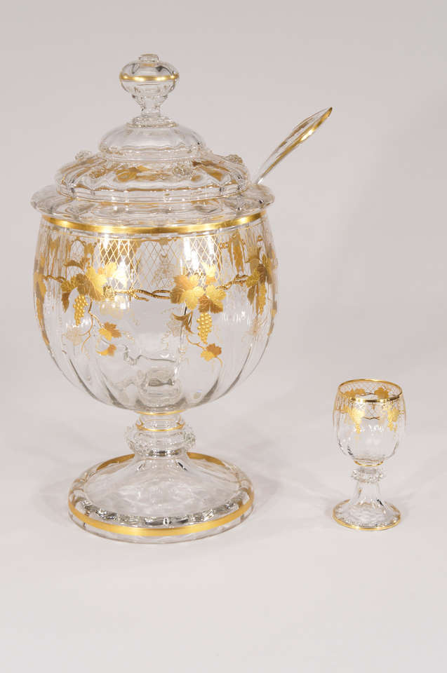 Austrian Lobmeyr Hand Blown Crystal Punchbowl, Goblets & Ladle W/ Raised Gold For Sale