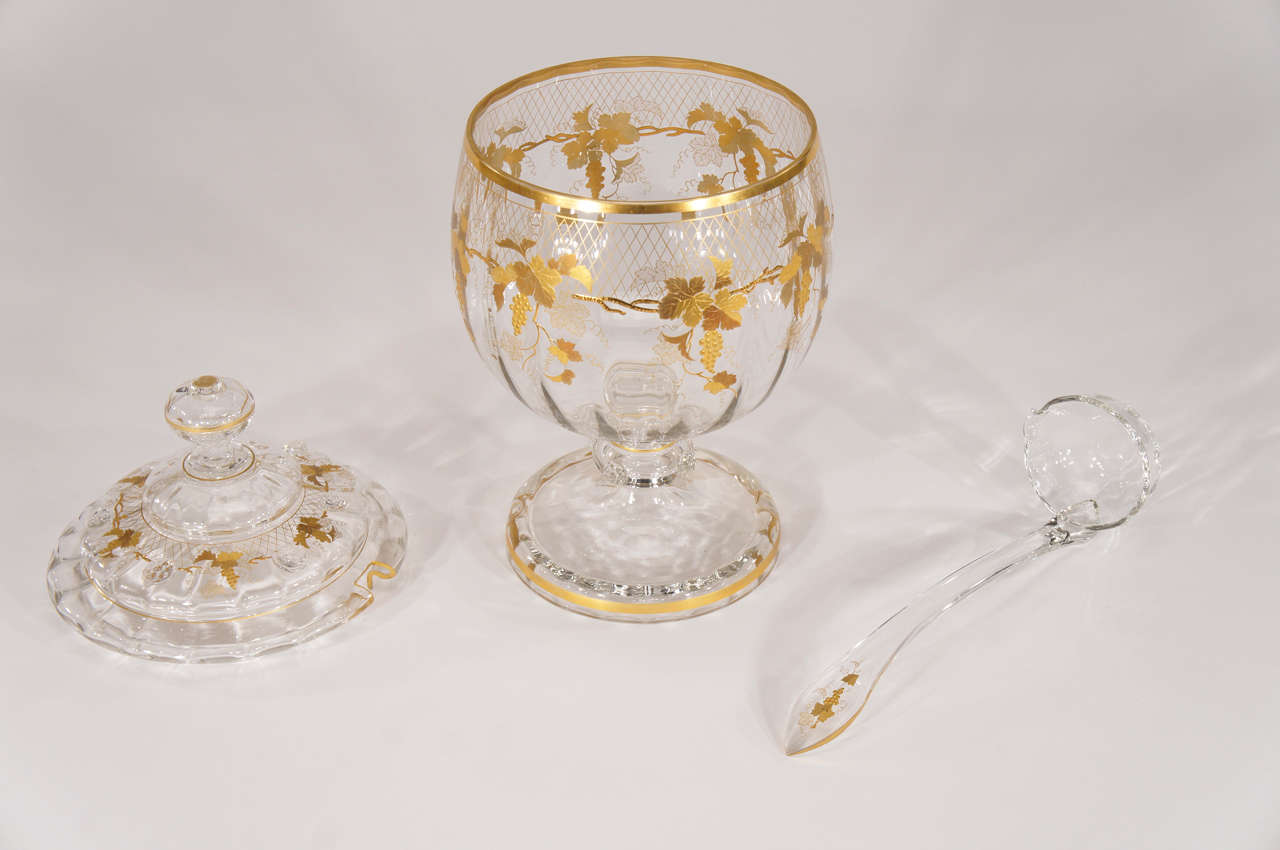 Lobmeyr Hand Blown Crystal Punchbowl, Goblets & Ladle W/ Raised Gold In Excellent Condition For Sale In Great Barrington, MA