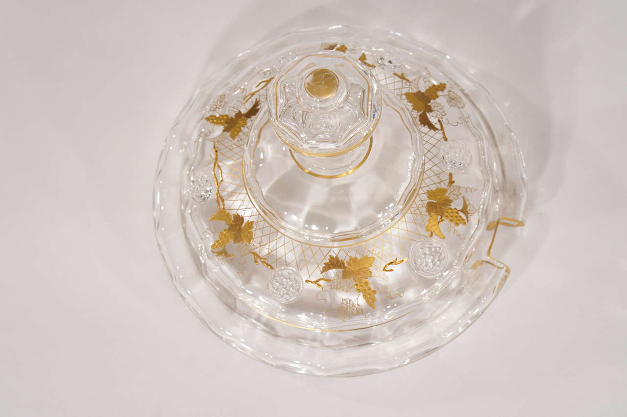 19th Century Lobmeyr Hand Blown Crystal Punchbowl, Goblets & Ladle W/ Raised Gold For Sale