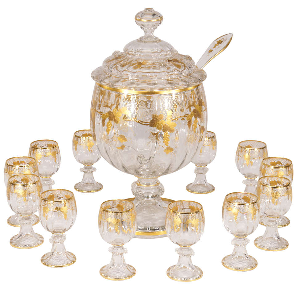 Lobmeyr Hand Blown Crystal Punchbowl, Goblets and Ladle W/ Raised Gold