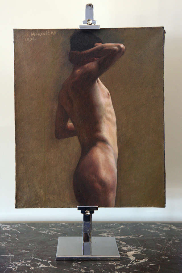 Nude male painting. Signed S. Moriniere, 1896. Oil on stretched canvas.